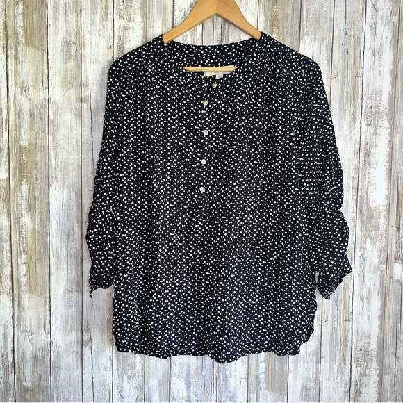 Loft Black & White 3/4 Sleeve Button Popover - Picture 1 of 5